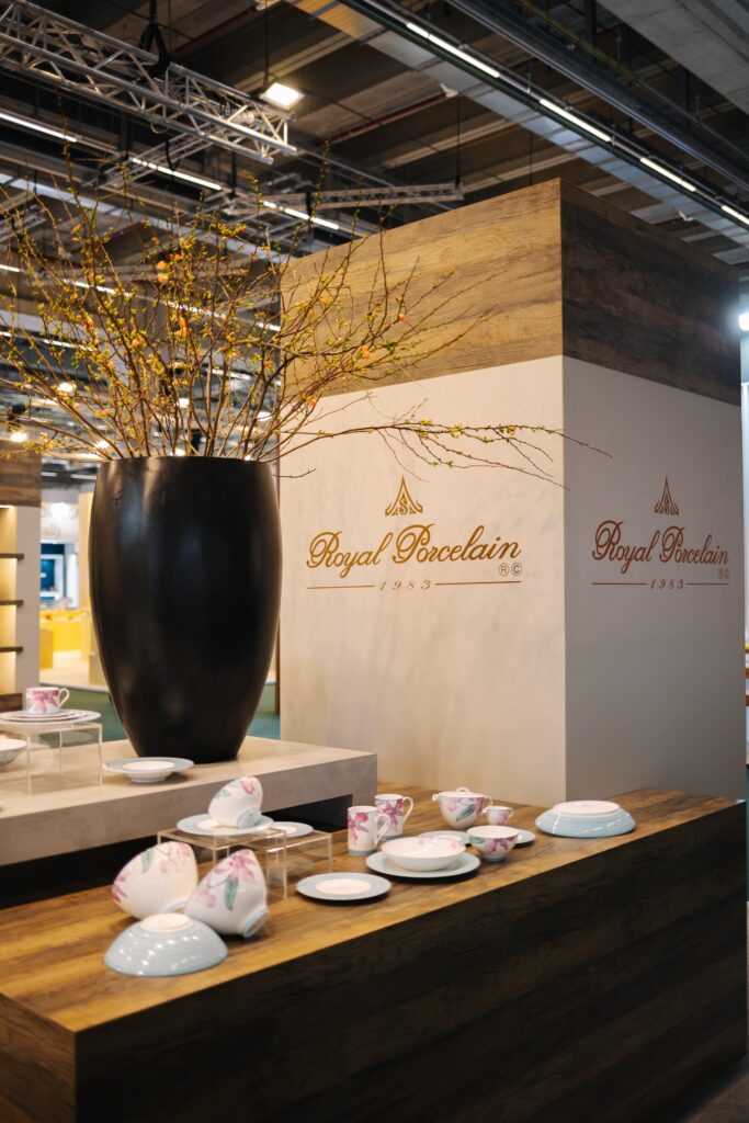 Royal Porcelain 120m² bespoke exhibition stand construction by Maverick at Messe Frankfurt — custom two-storey trade show booth