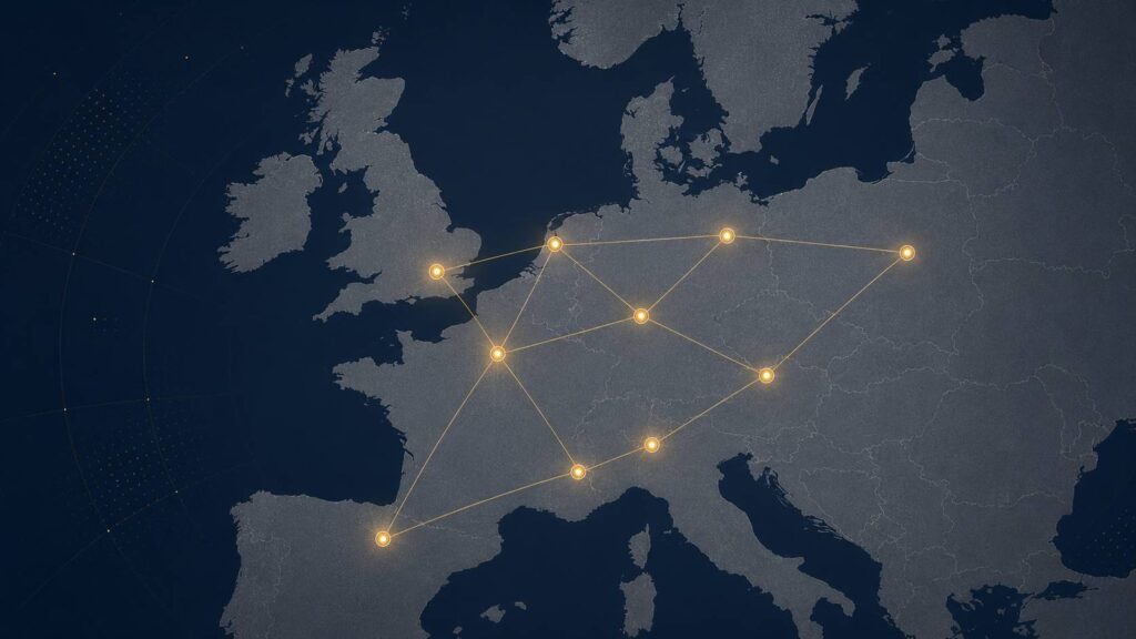 Map of Europe with connected nodes highlighting trade fair locations