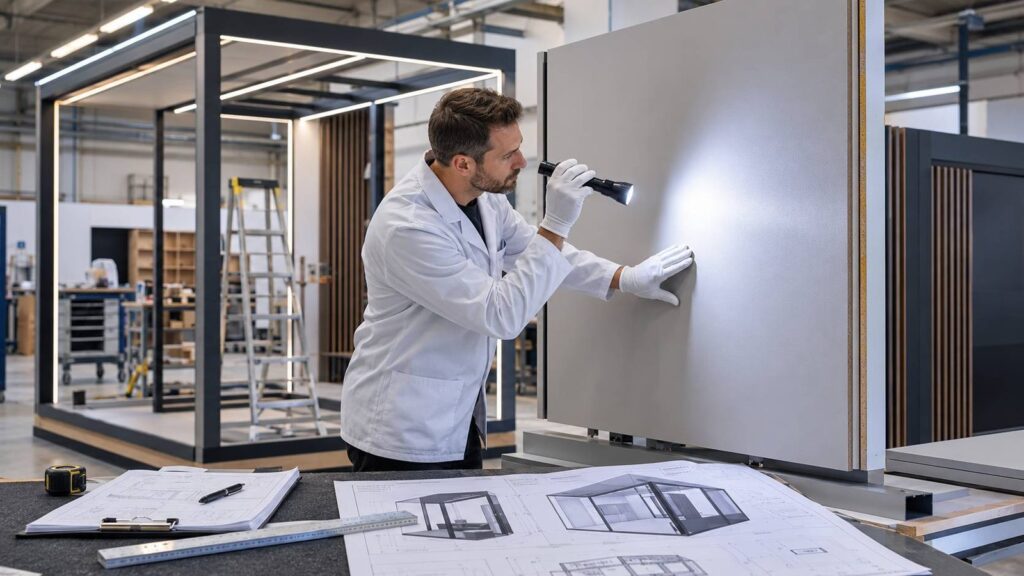 A technician in white gloves inspecting an exhibition stand wall panel against the drawings