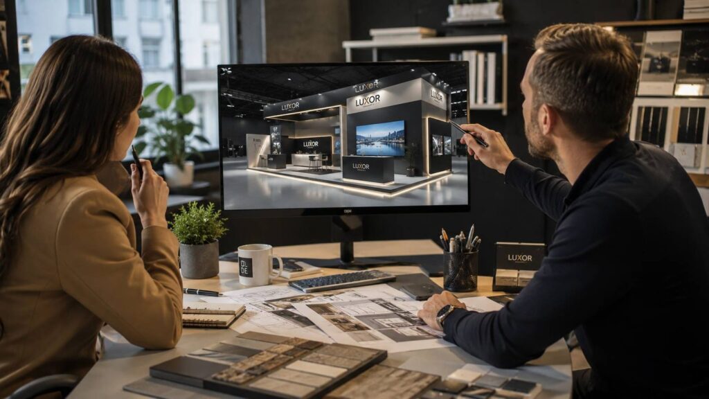 Two people analysing exhibition stand performance data on a large screen