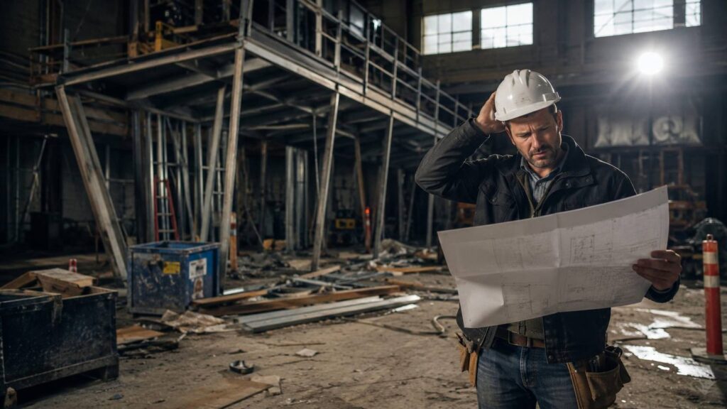 Worker in a hard hat studying stand drawings alone in a half-empty exhibition hall