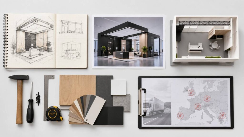 Flat lay of exhibition stand sketches, 3D renders and a framed logistics map