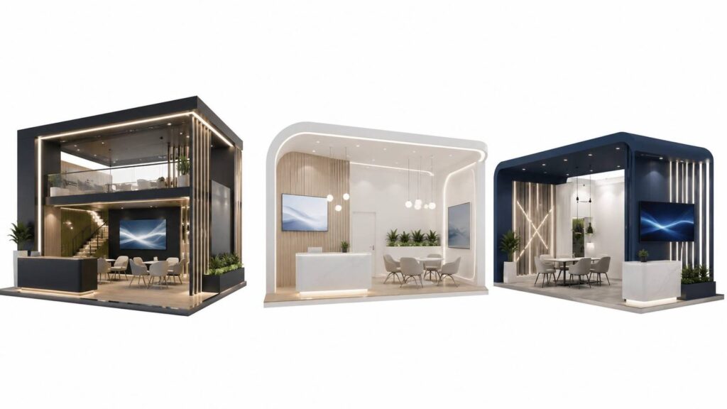 Three exhibition stand design concepts compared side by side