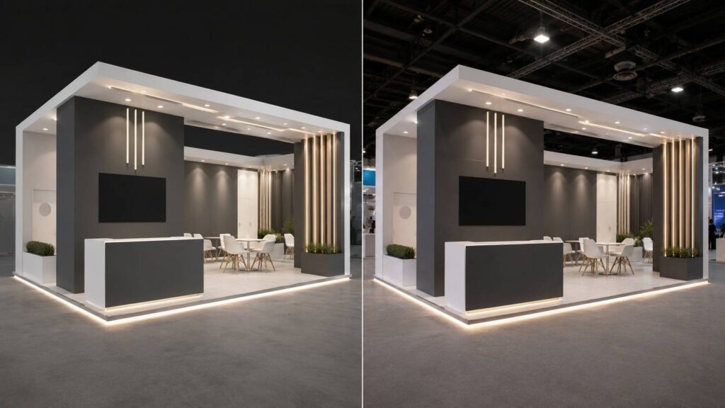 Compact modular exhibition stand with a reception counter and integrated lighting, shown from two angles